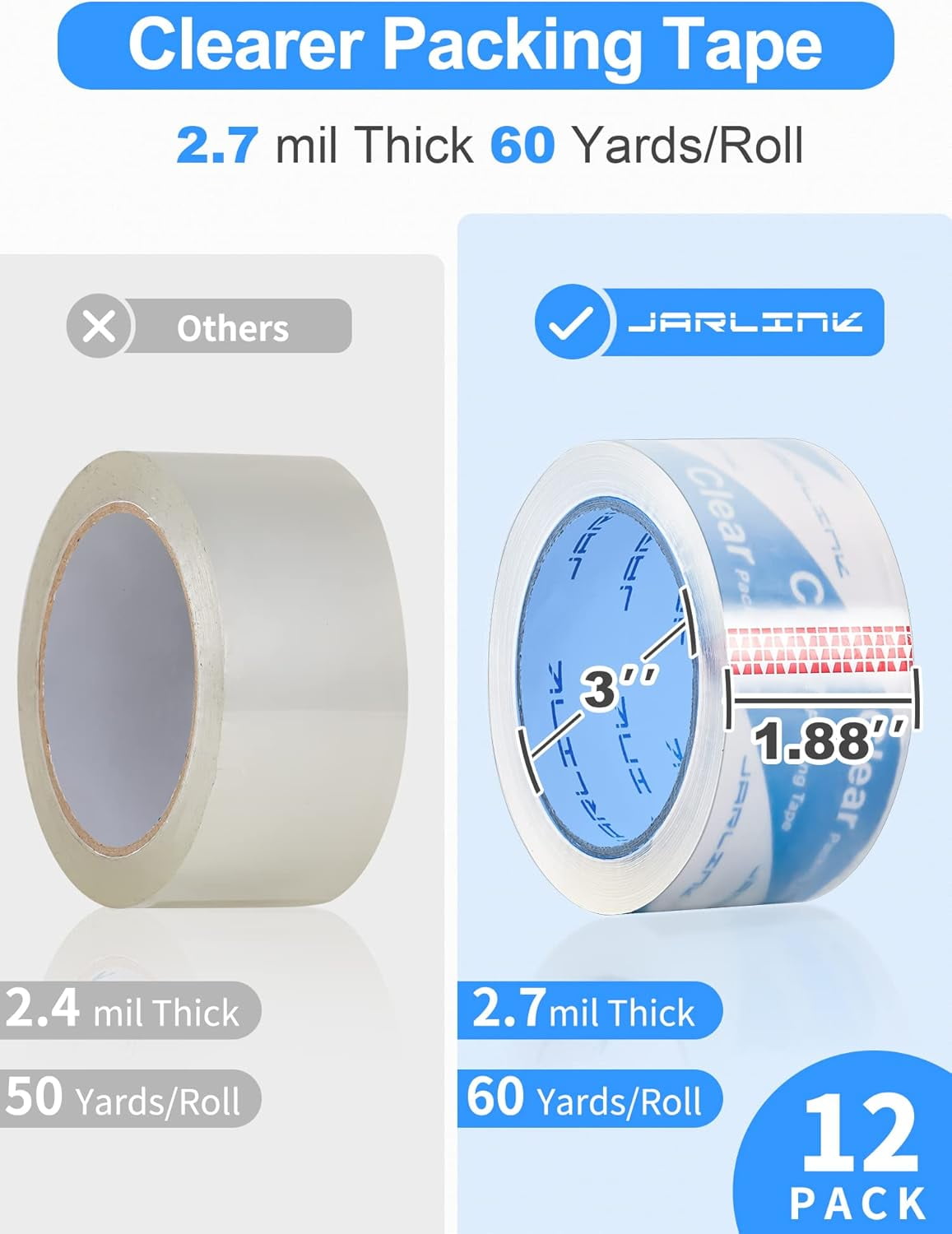 Clearer Packing Tape 12 Rolls, Heavy Duty Packaging Tape for Shipping Packaging Moving Sealing, 2.7mil Thick, 1.88 inches Wide, 60 Yards Per Roll, 720 Total Yards