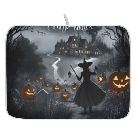 Dish Drying Mat for Kitchen Counter 16x18/18x24 Dark Witch and Haunted House Absorbent Coffee Bar Mat Dish Drainer Rack Mat for Kitchen Counter