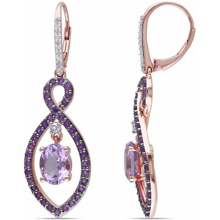 5-1/10 Carat T.G.W. Rose de France and Amethyst with Diamond Accent Rose Rhodium-Plated Sterling Silver Leverback Infinity Earrings