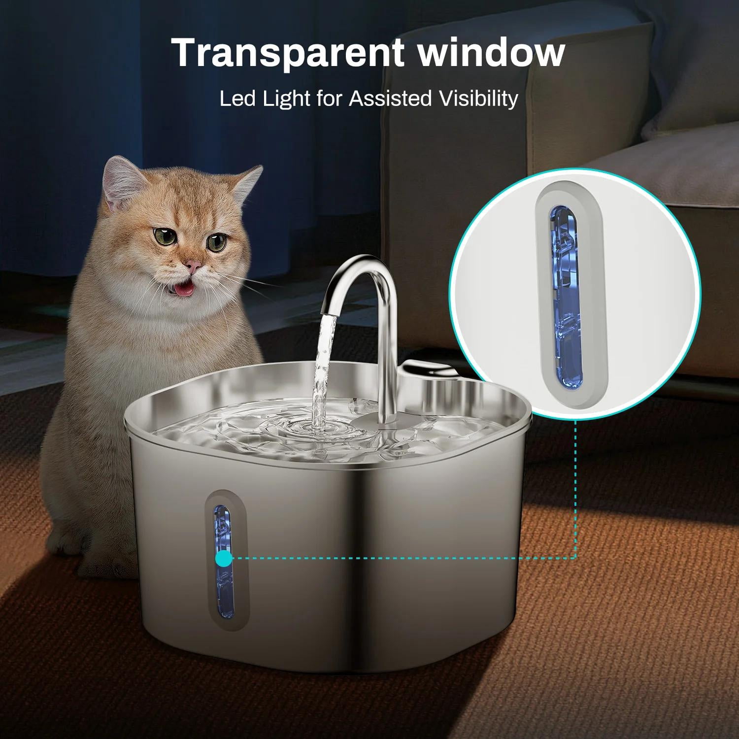 VoluVibe 2.2L Automatic Cat Water Fountain Square Stainless Steel Pet Water Feeder Dog Water Fountain with window（No 5V 1A Plug）