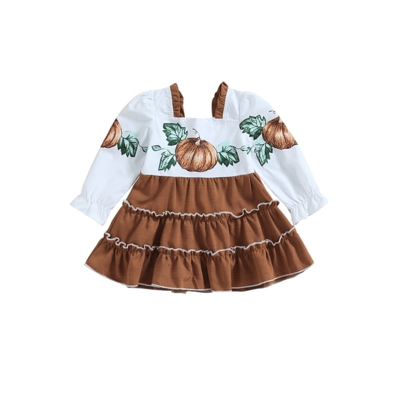 Toddler Baby Girls Halloween Thanksgiving Outfit Pumpkin Long Sleeve Frill Trim Dress Fall Winter Dress