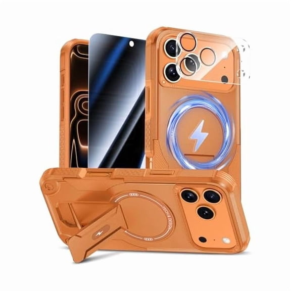 can for iPhone 17 Pro Case with Privacy Tempered Glass Screen Protector & Camera Lens Protector, Compatible with MagSafe, Invisible Kickstand, Shockproof Phone Cover, Orange