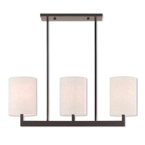 7.5 inch 3 Light Bronze Linear Chandelier with Hand Crafted Oatmeal Color Fabric Outside & White Fabric Inside Hardback Shade