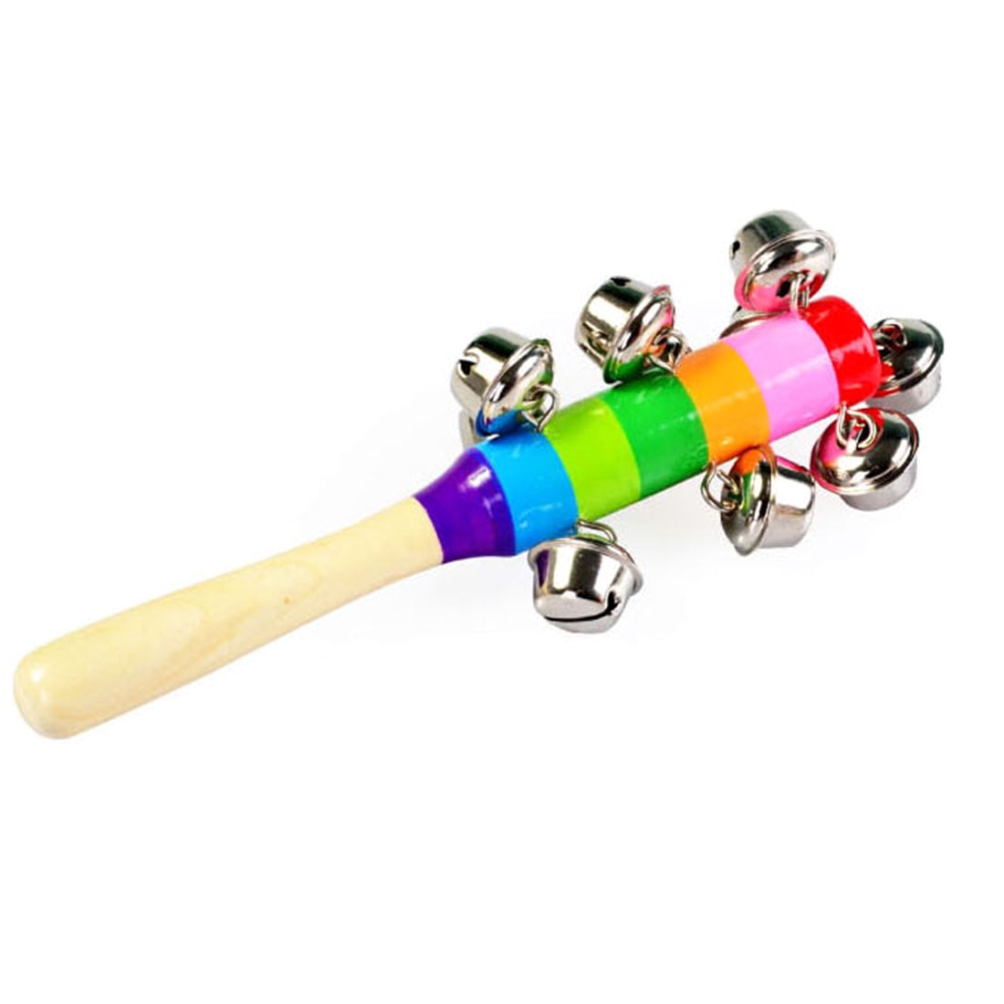 1Pc Hand Shake Jingle Bells Rainbow Wooden Stick Bell Rattles Baby Kids