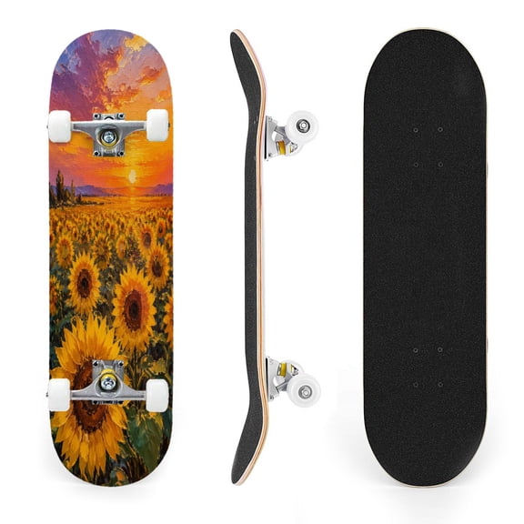 31"x8" Sunflower Field Complete Skateboards for Beginners, Double Kick 7 Ply Maple Deck Sunset Golden Sky Skateboard with Wheels, Gifts for Kids Teens