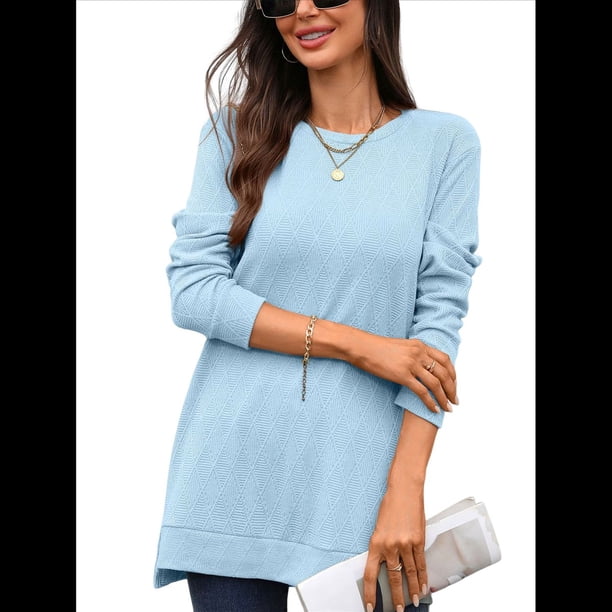 Camiseta Holgada de Larga con Cuello Redondo y Estampado Geométrico de Jacquard para Mujer, Ropa de Invierno 2025 Azul XXL