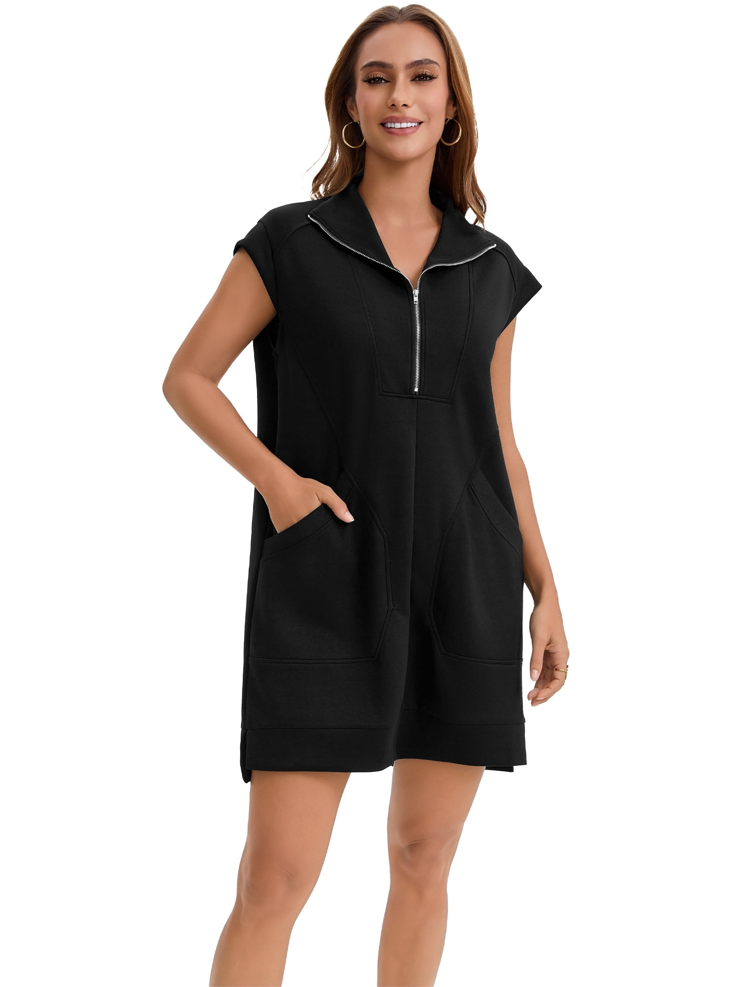 DARING DIVA Women's Half Zip Cap Sleeve V Neck Collared Tunic Dresses S Black