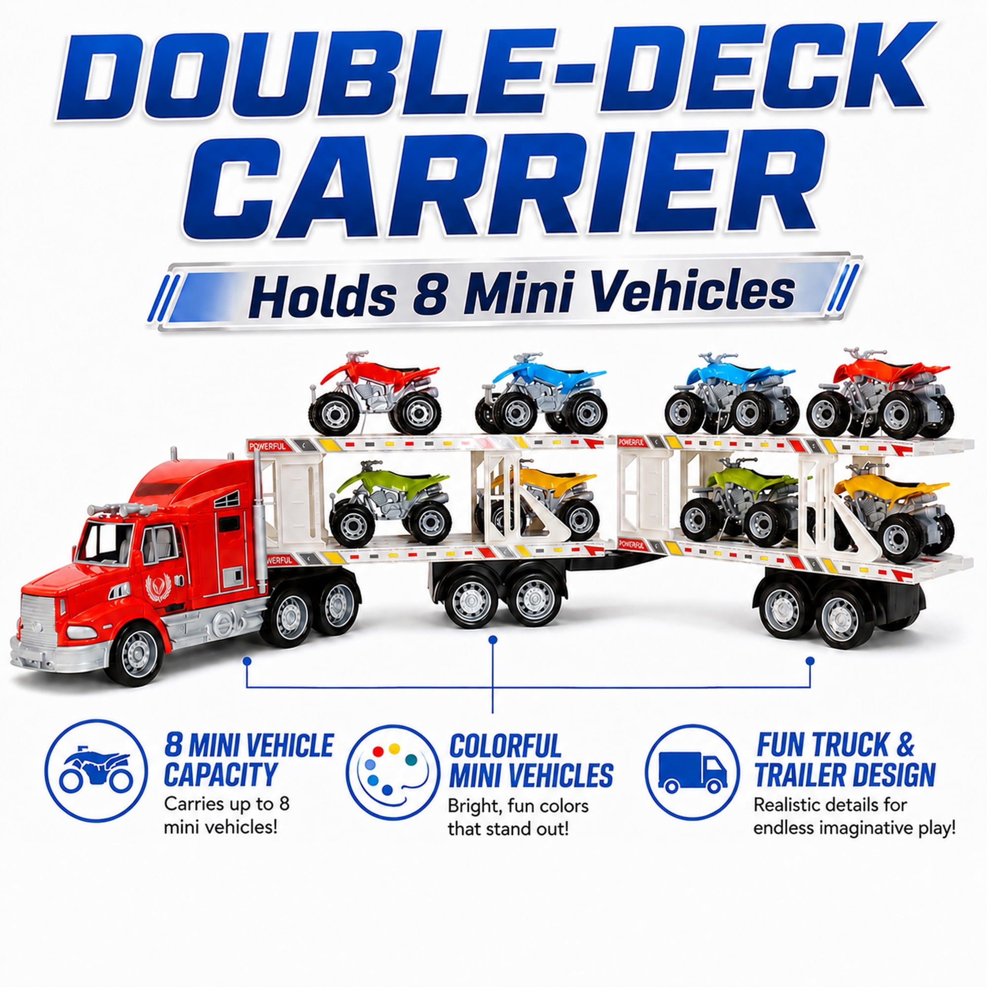 9-Piece Mini Vehicle Carrier Truck Playset, Double-Deck Toy Transport Truck with 8 Mini Vehicles, Friction Powered Semi Truck Toy, No Batteries Required, Gift for Kids Ages 3+