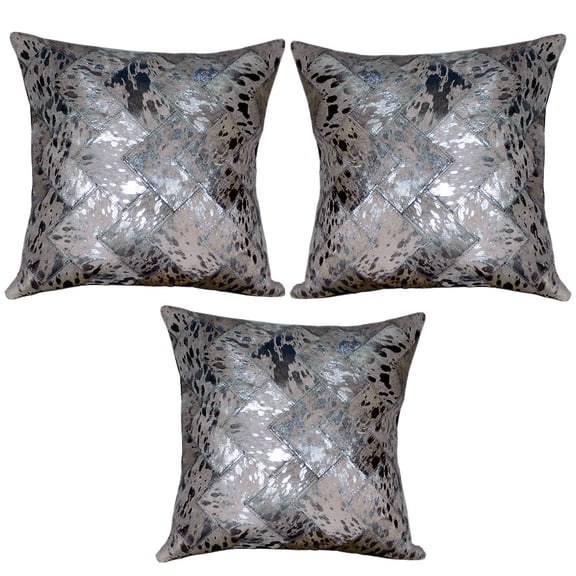 Hilason Set Of 3 Cowhide Leather Hair-On Patchwork Cushion Pillow Cover 16 X 16