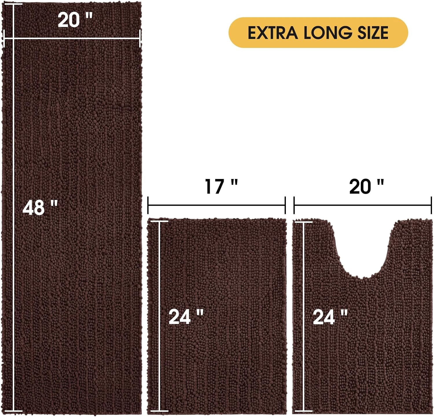 HAKUNA Upgrade Extra Large Brown Bathroom Rug Set 3 Pieces Ultra Soft, Thick Absorbent Bath Mats, Non Slip Chenille Toilet Mat for Bathroom, Bedroom, Kitchen, Dark Coffee