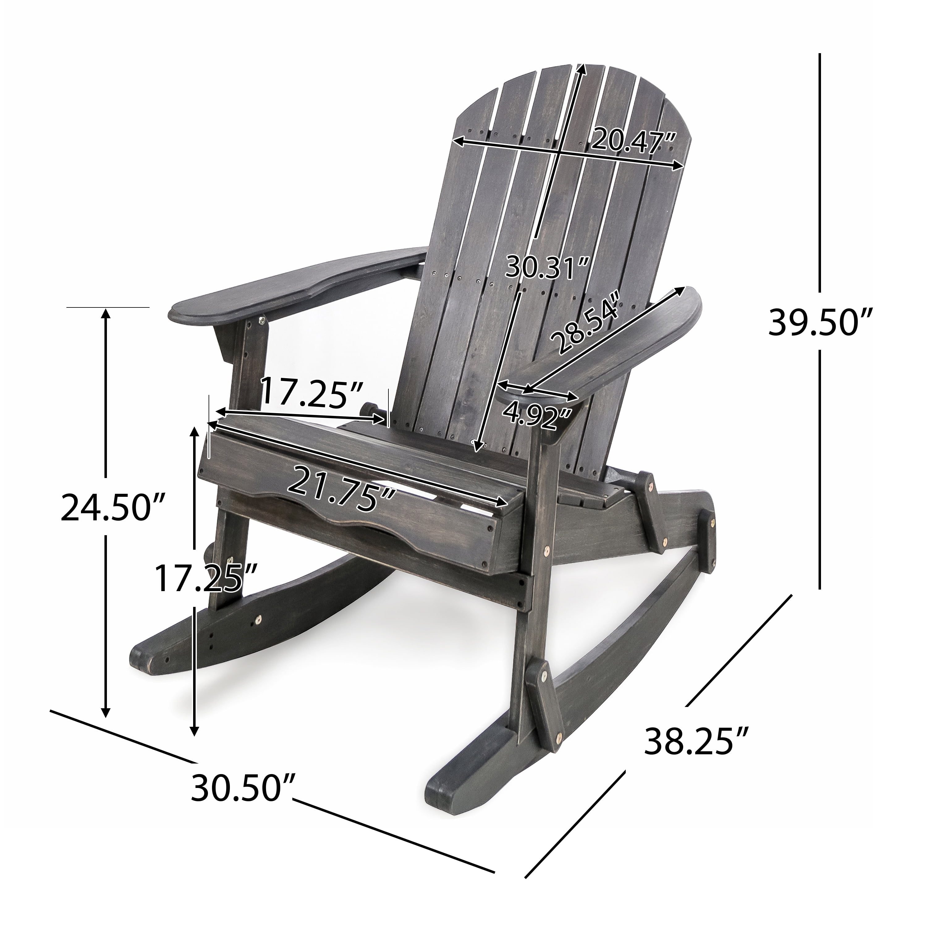 Outdoor Adirondack Rocking Chair with Slatted Back and Acacia Wood, Patio Rocker and Garden Seating for Porch Backyard, Dark Gray