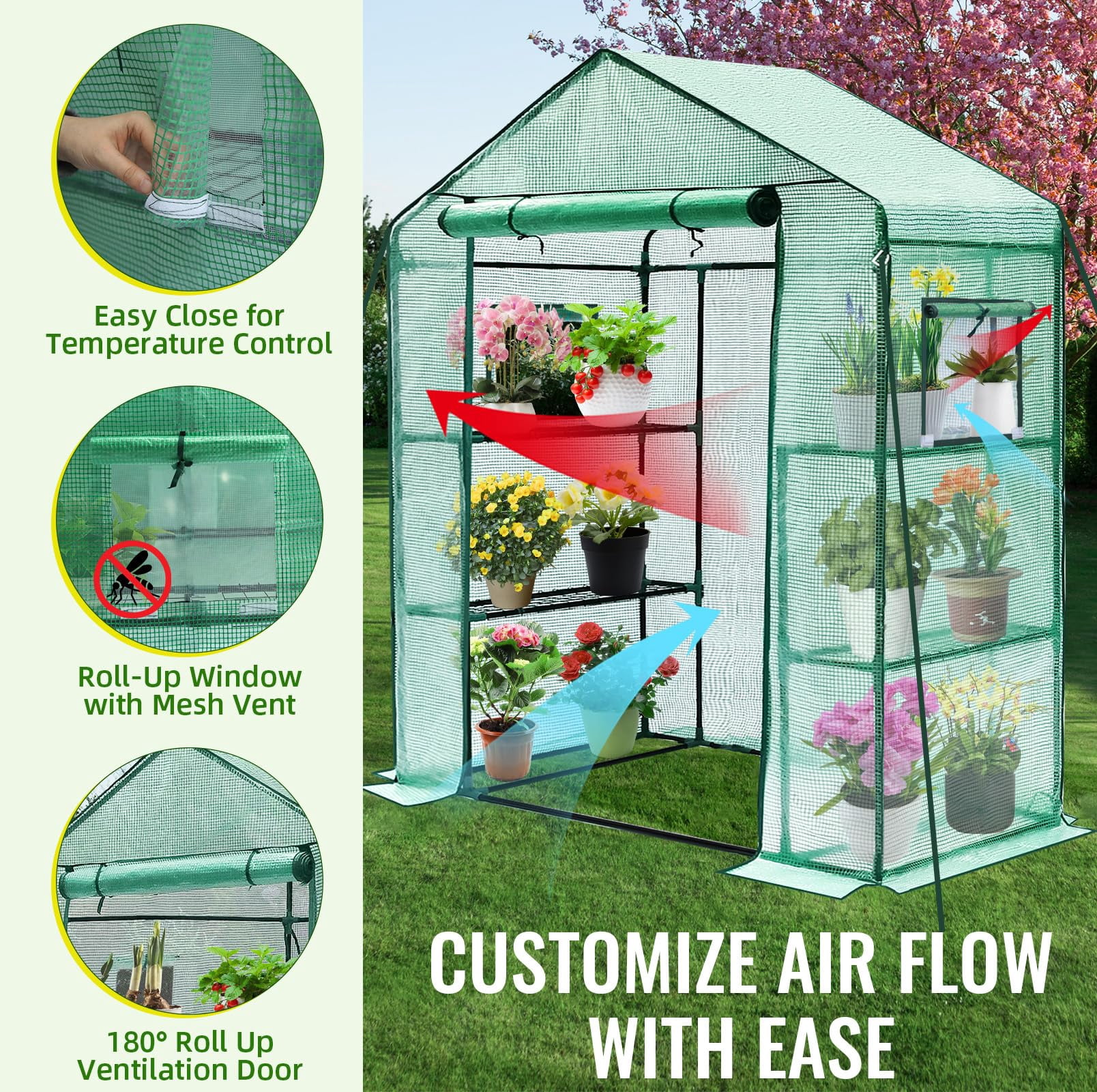 Greengro Greenhouse, 28 x 57 x 76'' Greenhouses for Outdoors, Small Plant Green House with Screen Windows, 3 Tiers 4 Shelves, Durable PE Cover, Plastic Portable Wall in Greenhouses for Outside Indoor