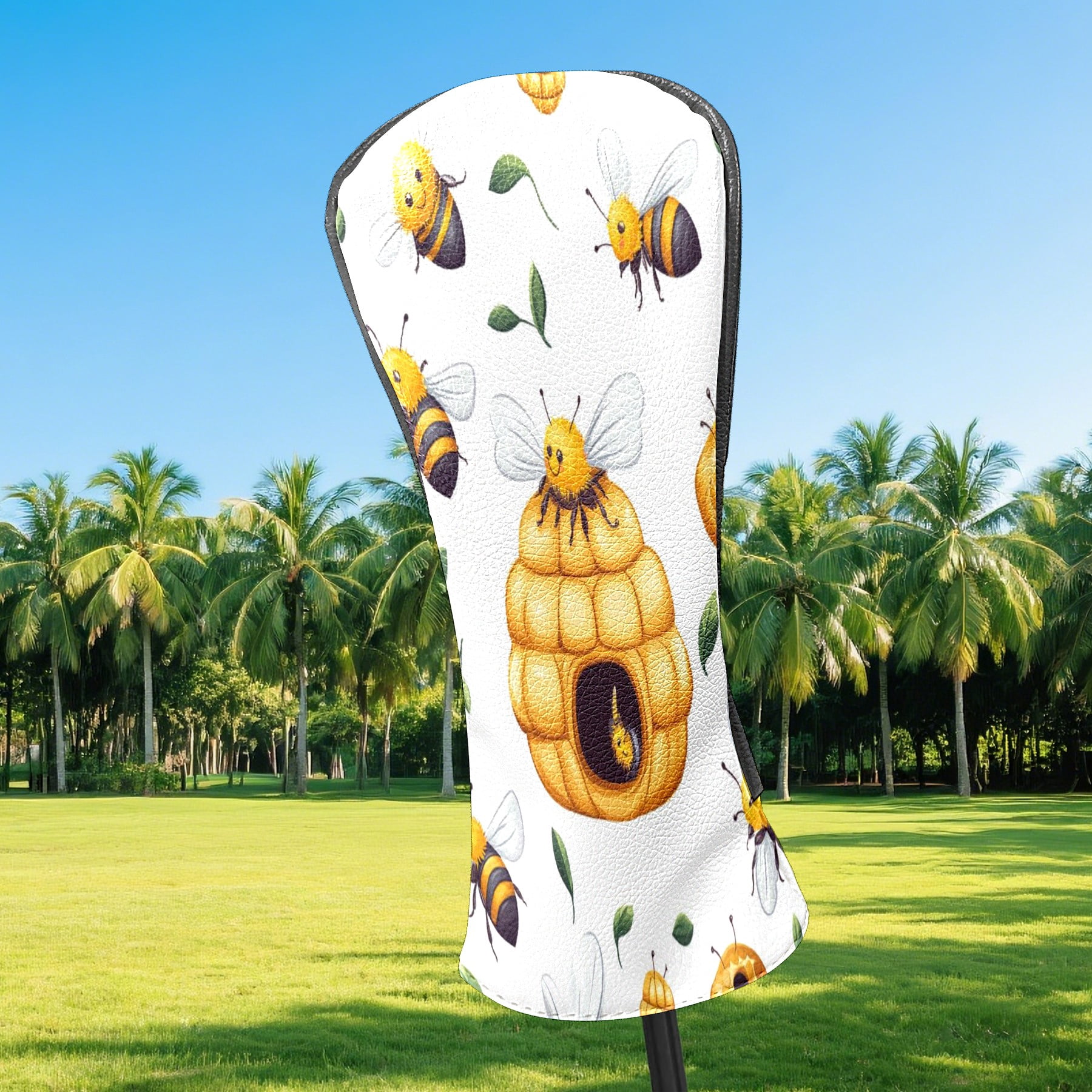 Golf Head Covers Bee Nesting Design for Driver, Wood & Hybrid, Premium Waterproof PU Leather with Plush Lining, Nature Inspired Golf Gifts