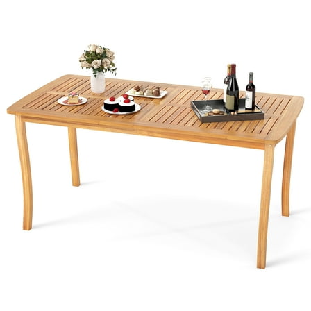 Gymax 63'' Outdoor Dining Table w/ Umbrella Hole Slatted Tabletop for Backyard