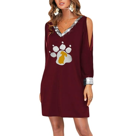 

Yinguo Women V Neck Paillette Long Sleeve Print T Shirt Off Shoulder Dress