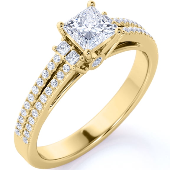 JeenMata Stunning 0.58 Carat Princess Cut Moissanite - Pave Ring - Antique Ring - Double Band Engagement Ring - 18K Yellow Gold over Silver