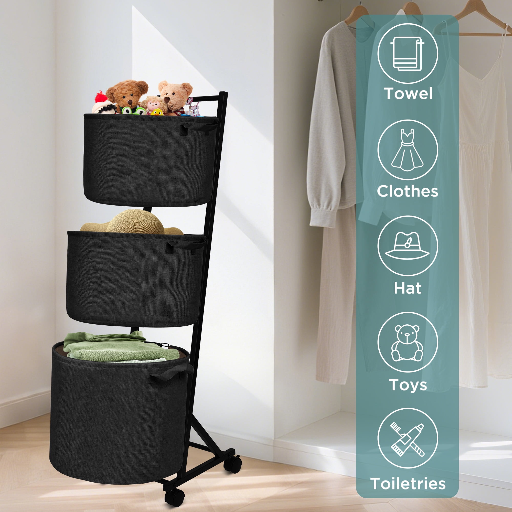 YOUPINS 3-Tier Laundry Hamper Sorter,Laundry Storage Organizer with Wheels Removable Rolling Laundry Baskets for Home,Bathroom,Dorm,Laundry Room,Black