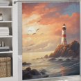 thumbnail image 3 of Lighthouse Sunrise Coast Scenery Pale Blue Tan Shower Curtain Fabric Bathroom Decor with Hooks, 3 of 8