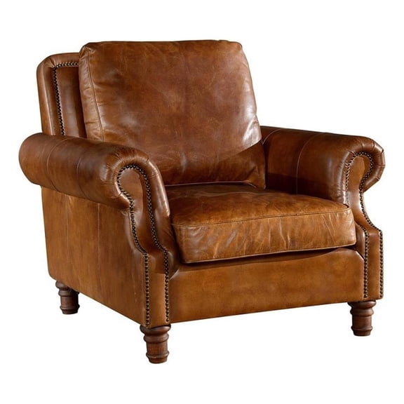 Pemberly Row English Rolled Arm Chair in Light Brown Leather