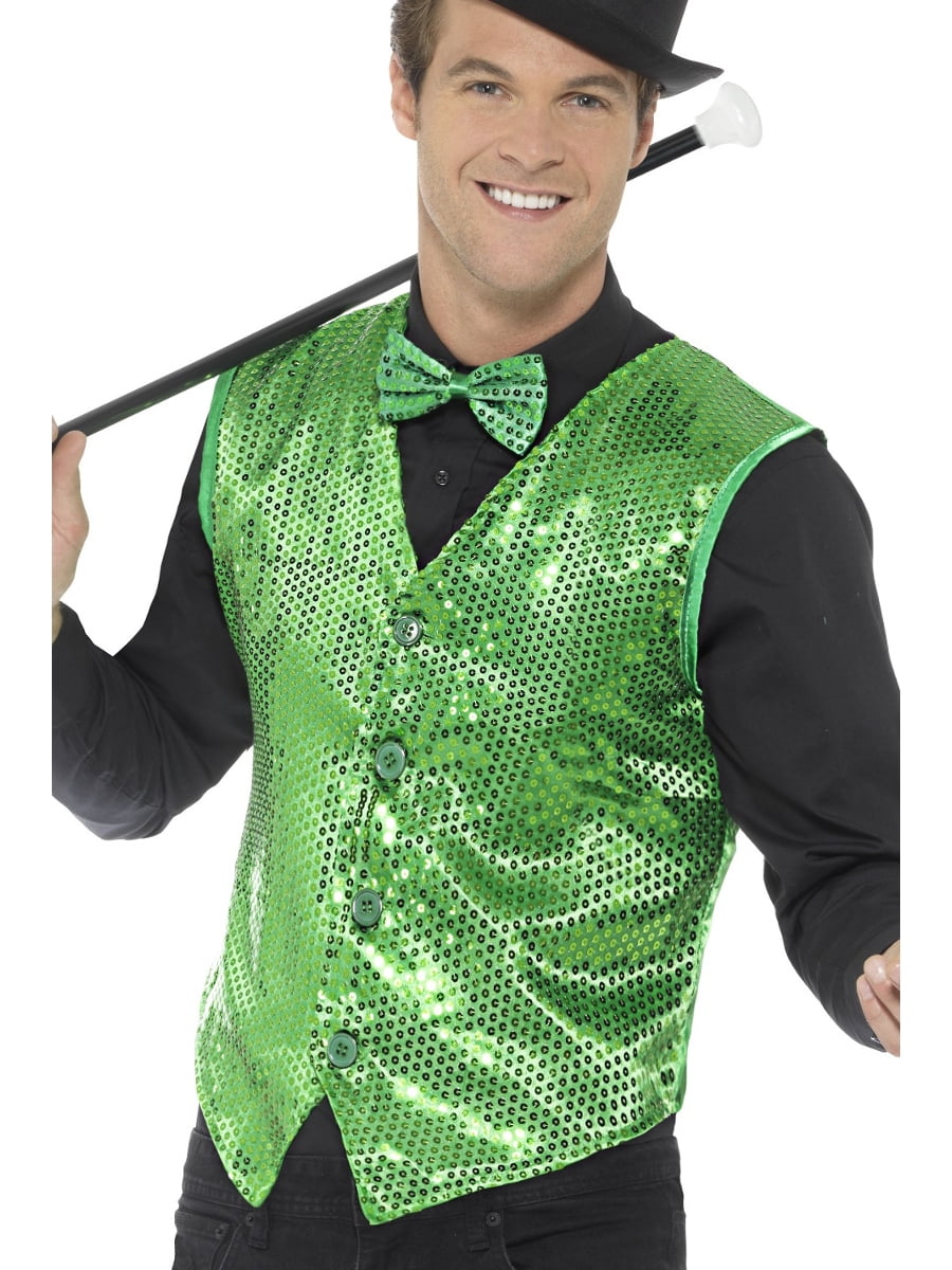 Mens Fancy Dress Green Sequin Magicians Waistcoat Vest Costume