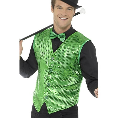 Mens Fancy Dress Green Sequin Magicians Waistcoat Vest Costume