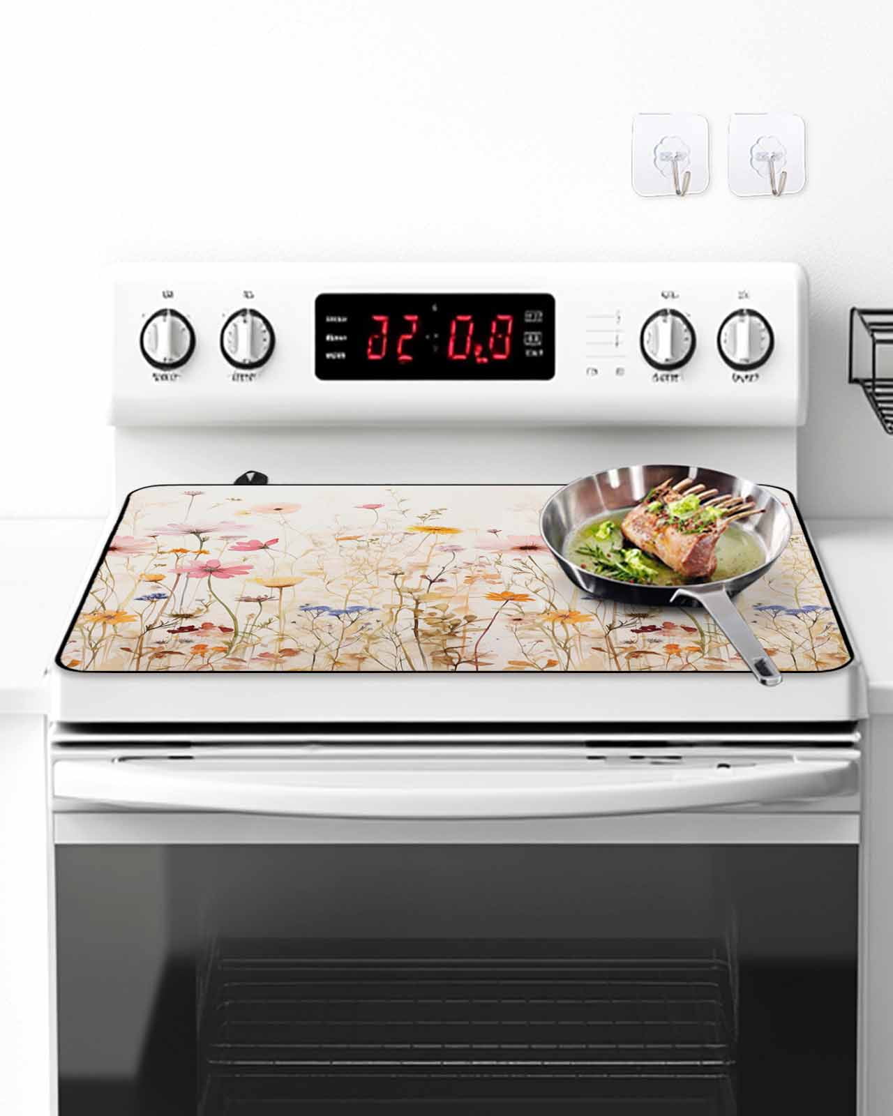Stove Top Covers for Electric Stove, Spring Floral Glass Stovetop Cover Protector, Pastoral Botanical Summer Flowers Vintage Induction Cooktop Protector Oven Mat for Kitchen Countertop 24"x21"