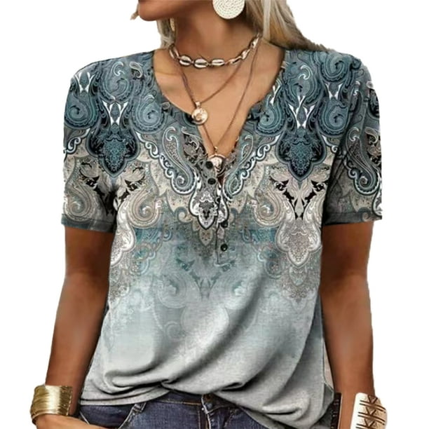 Camisa Personalizada para Mujer Cuello en V Manga Corta Estampado Floral Jersey Top con Botones Camiseta con Cuello de Botón para Mujer ANGGREK Otros