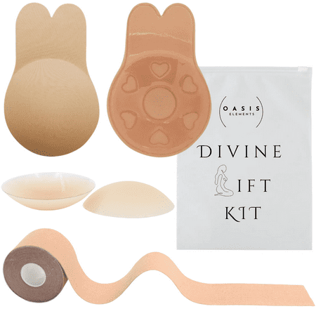 Divine Lift Kit-REUSABLE Sticky Bunny Bra with Boobtape and REUSABLE Nipple Covers Breasts Coverage C/D Cup in Nude Adhesive Breast Lift Set Push Up for Backless  Strapless Clothes-with Portable Bag