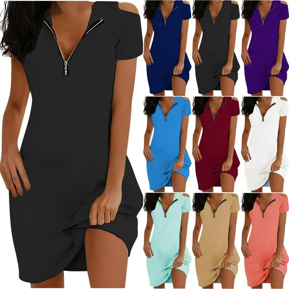 Elainilye Fashion Womens Dress Summer Solid Causal Zipper Neck Short Sleeve Vacation Cold Shoulder Dress,Black