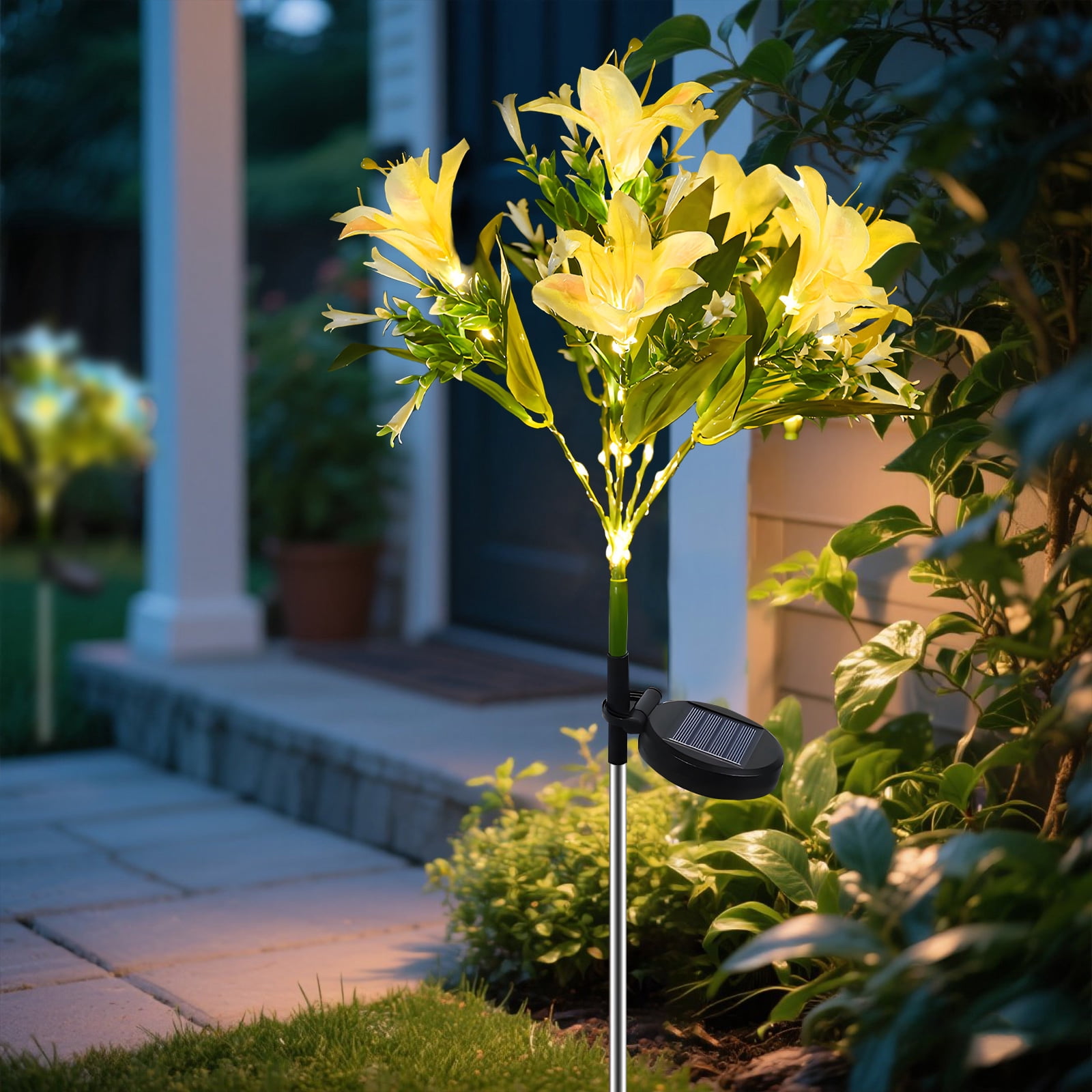 Rirool 4 Pack Solar Flower Lights Outdoor, 28 LED Waterproof Garden Lights with 4 Colors, Decorative Solar Lily for Yard Pathway, Lawn, Camping Decor (Yellow/Blue/White/Pink)