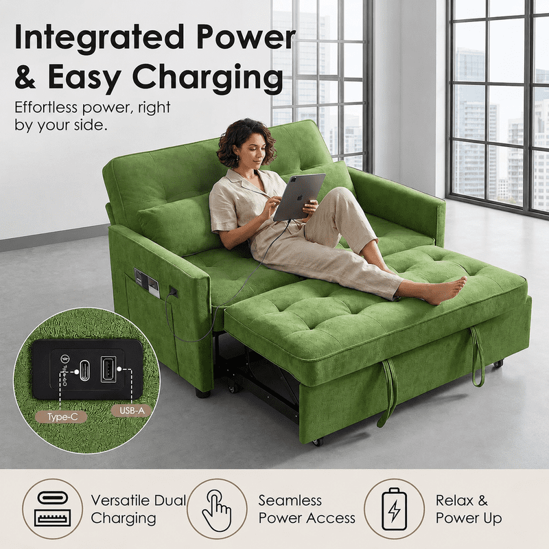 3-in-1 Convertible Sofa Bed with USB Charging Ports, Pull-Out Sleeper Sofa with Adjustable Backrest and Side Pocket, Compact Loveseat Couch for Living Room, Apartment, Dorm