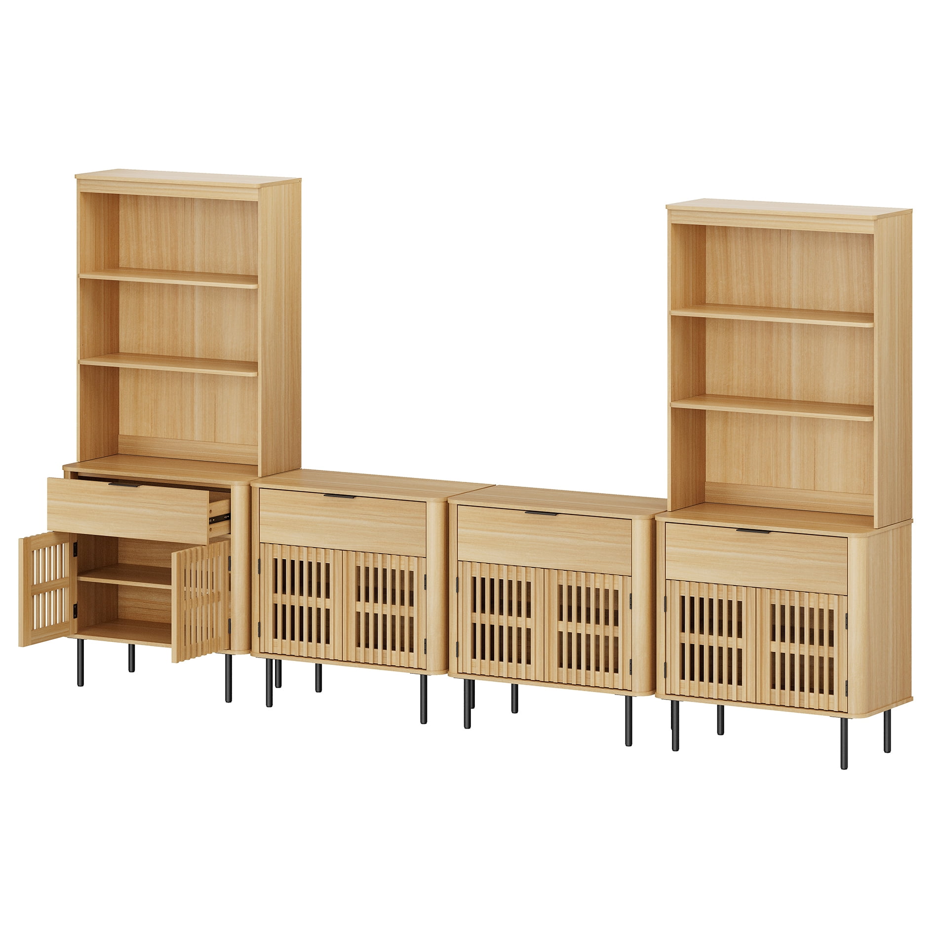 126" W Media Center with Bookcases – TV Stand for TVs Up to 75",Oak