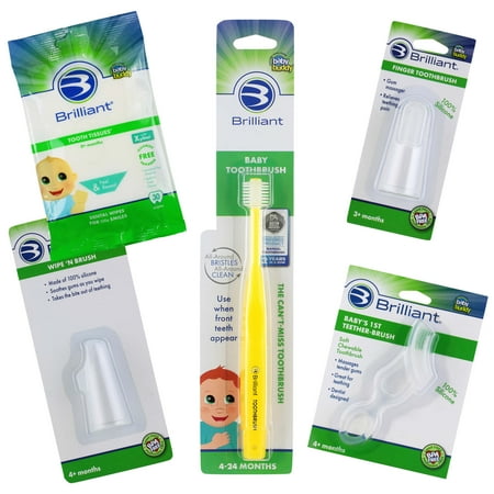 Brilliant Soft Infant Oral Care 5pc Gift Pack - Teeth Wipes, Tissues & Toothbrushes, Clear Yellow