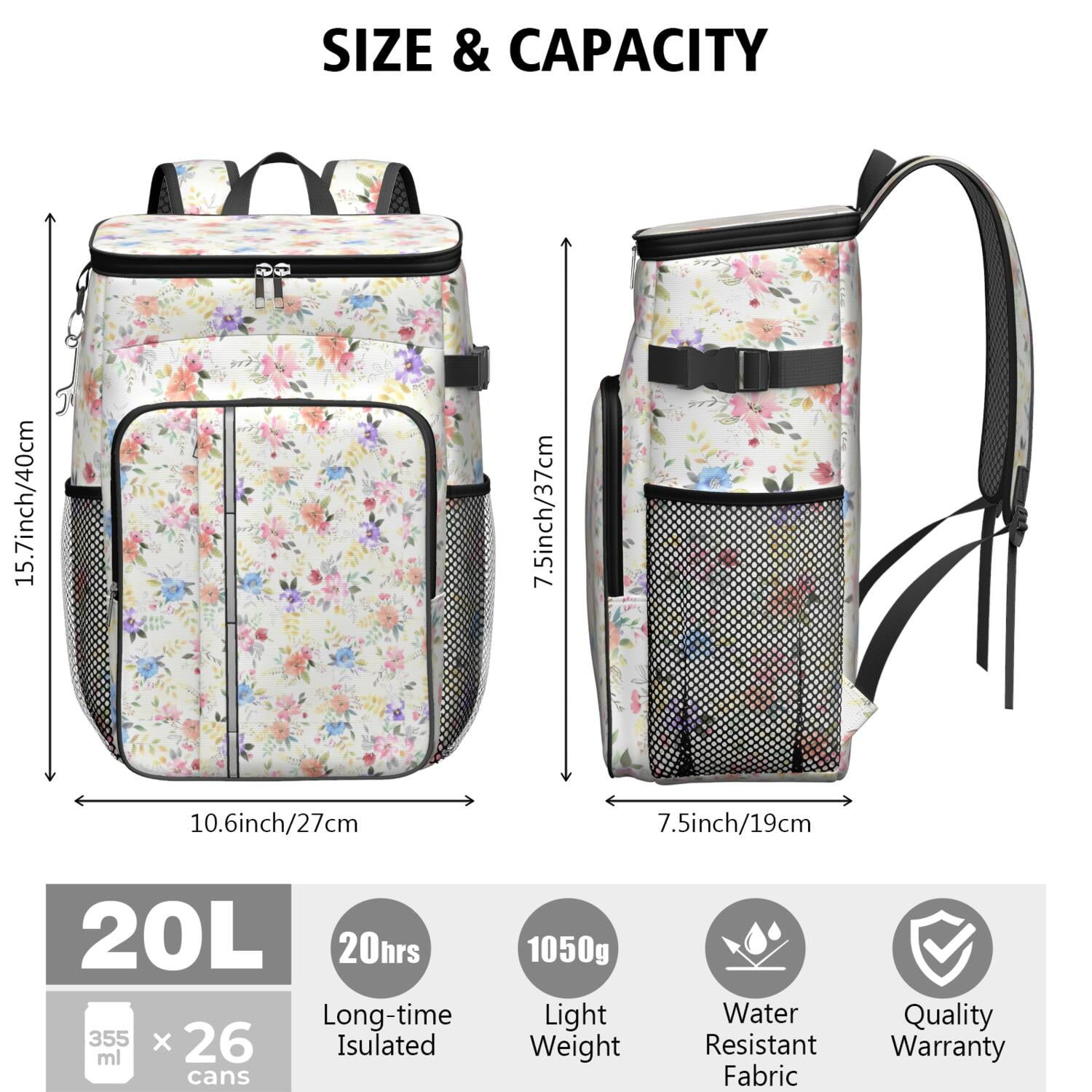 Travel Cooler Bag - Pioneer Flower Floral Print Pattern Camping Beer Cooler Backpack with Bottle Opener- Waterproof Insulated Picnic Backpacks - Cooler Bag for Beach