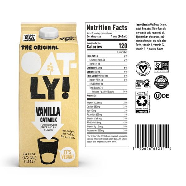 Oatly Vanilla Oatmilk, Dairy-Free Milk, 64 fl oz Refrigerated Carton