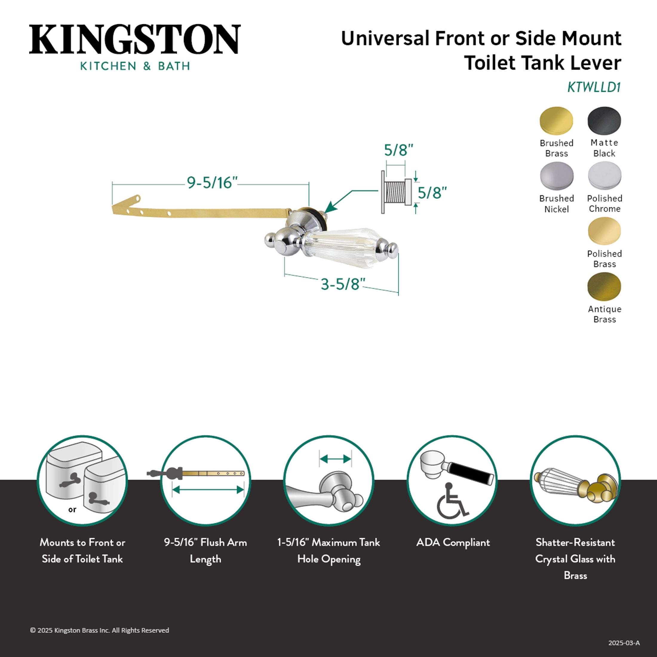 Kingston Brass KTWLLD7 Willshire Universal Front or Side Mount Toilet Tank Lever in Brushed Brass