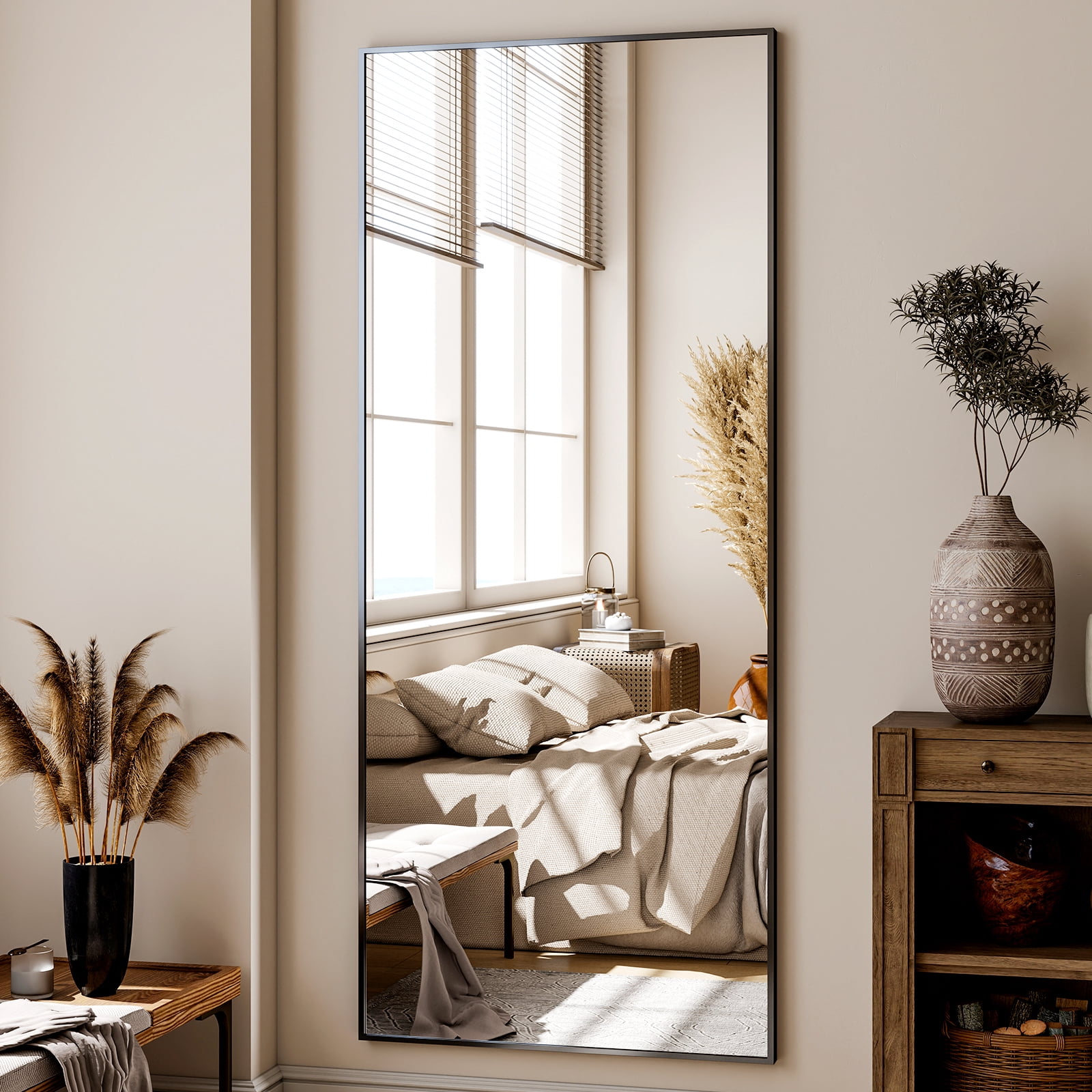 Cenovo 64" x 21.1" Full Length Mirror with Stand, Wall-Mounted Full Body Mirror,Black