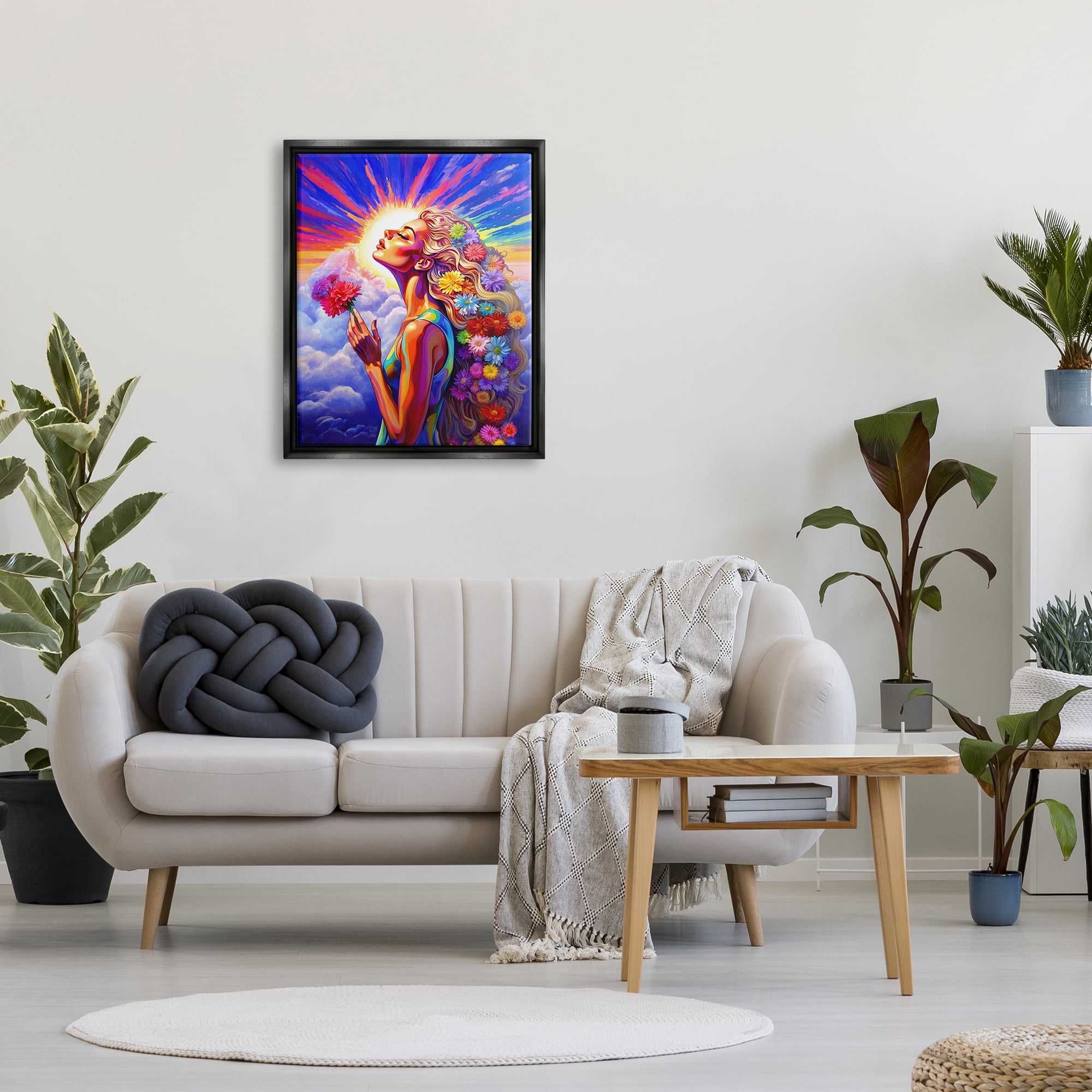 Stupell Industries Woman & Sun Rays Botanical & Floral Painting Black Floater Framed Canvas Art Print Wall Art, 25 x 31