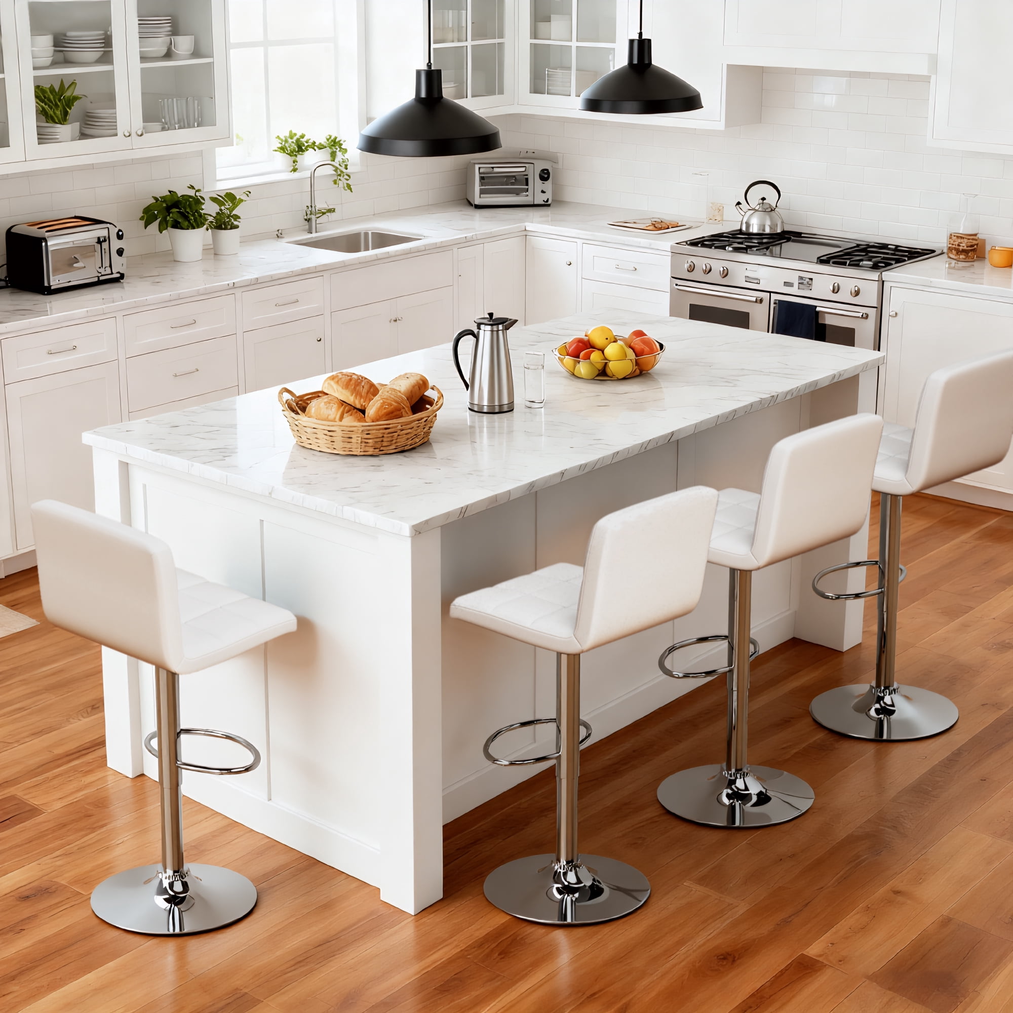 Furmax Adjustable Armless Swivel Mid-Back Bar Stools, White (Set of 4)
