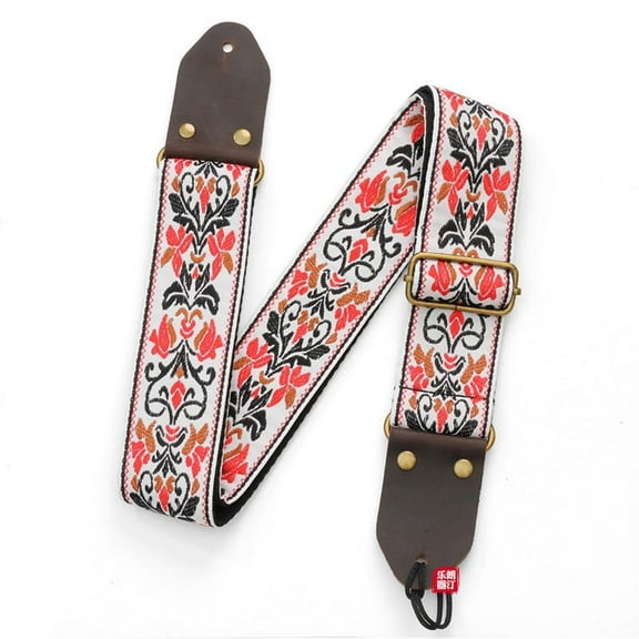 Guitar Ukulele Strap Embroidered Guitar Strap Leather Shoulder Strap Electric Guitar Accessories(White)