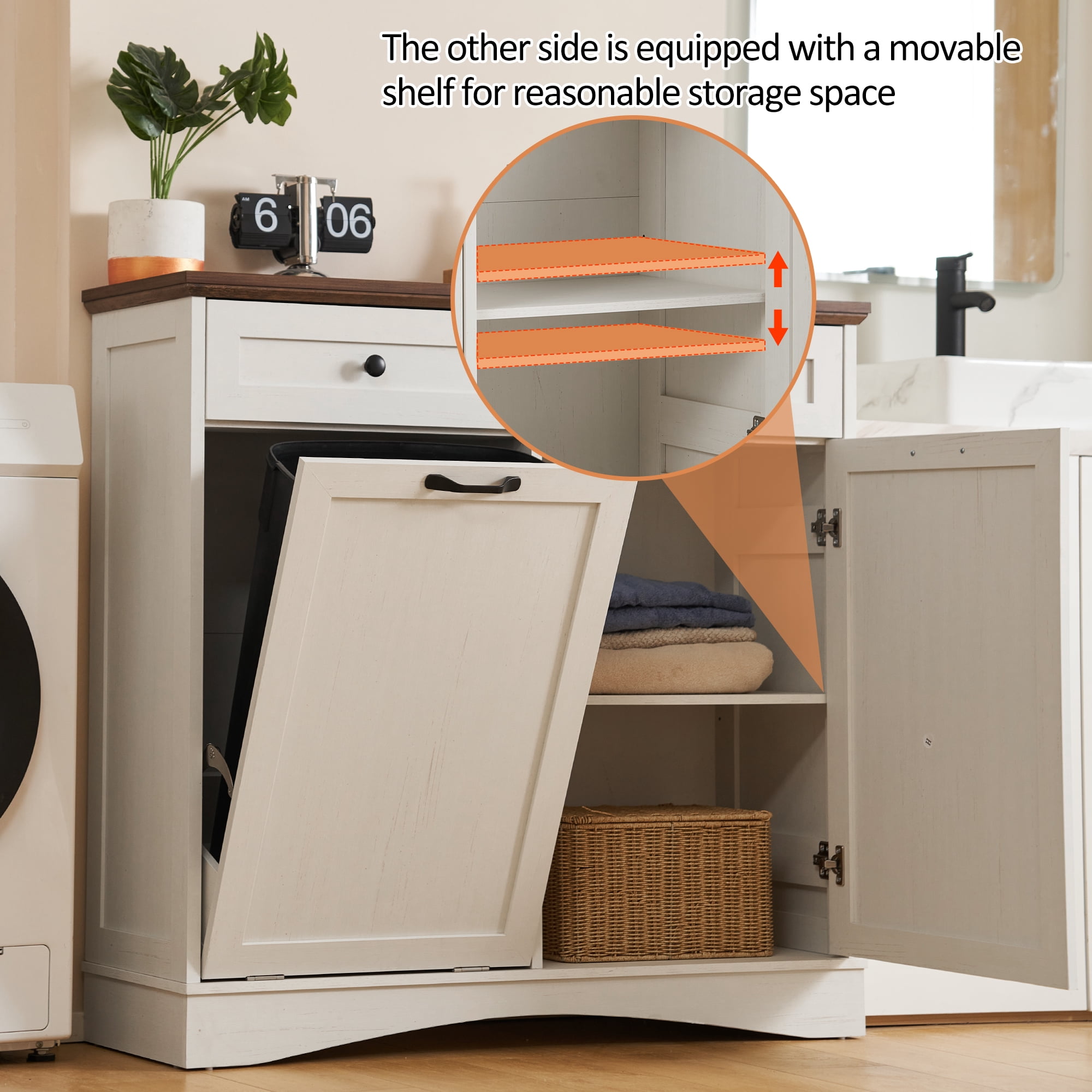 HARIPUL 13 Gallon Tilt Out Trash Cabinet Waste Bins Hidden Trash Bin with Drawer & Adjustable Shelf & for Kitchen, Antique White