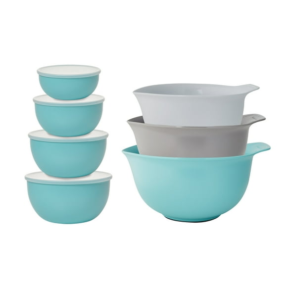 KitchenAid 7-Piece Nesting Plastic Mixing Bowls Set and Prep Bowls with Lids, Aqua Sky