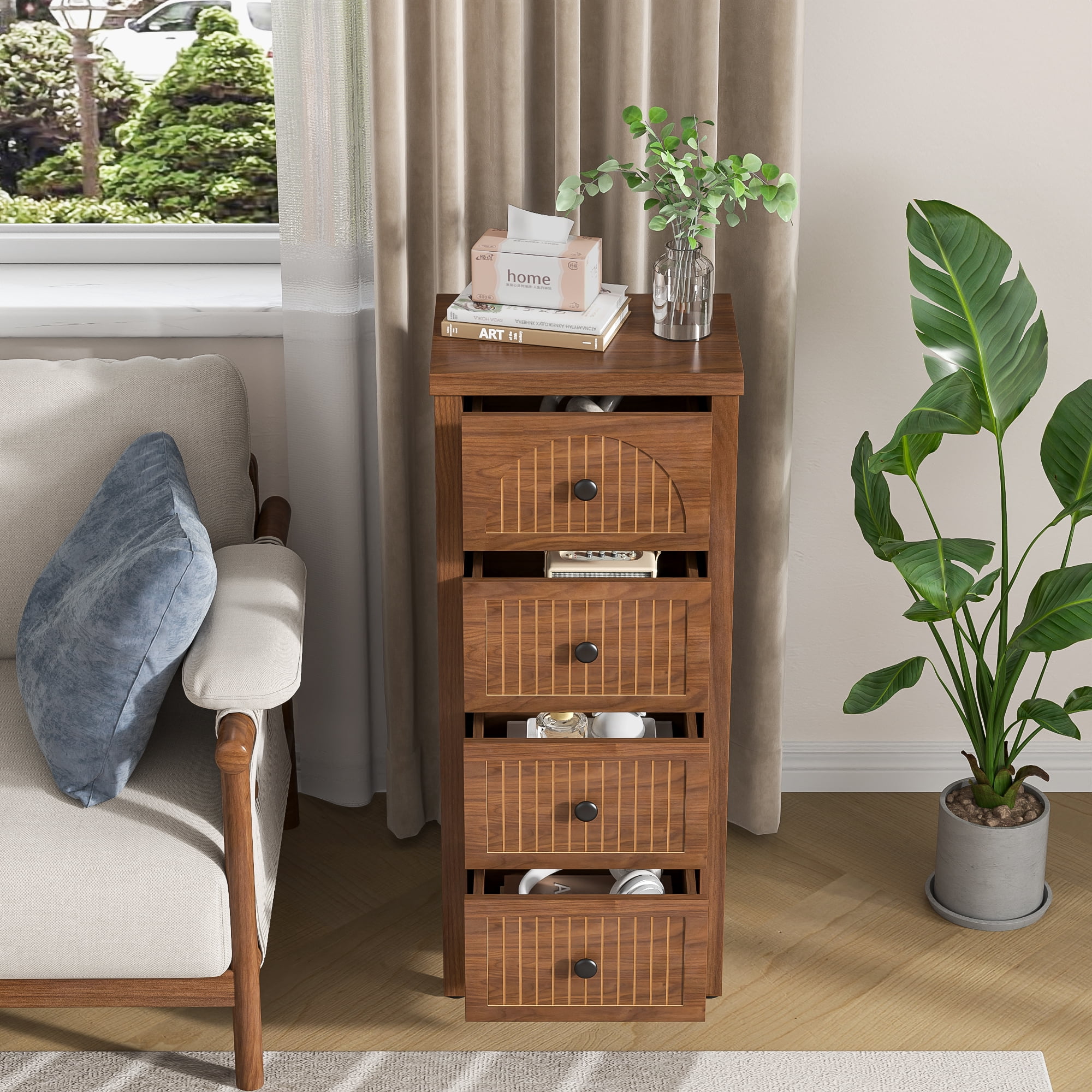 Farmhouse Nightstand & Dresser, Dresser for Bedroom with 4 Drawers, Wooden Storage Cabinet Sofa Table