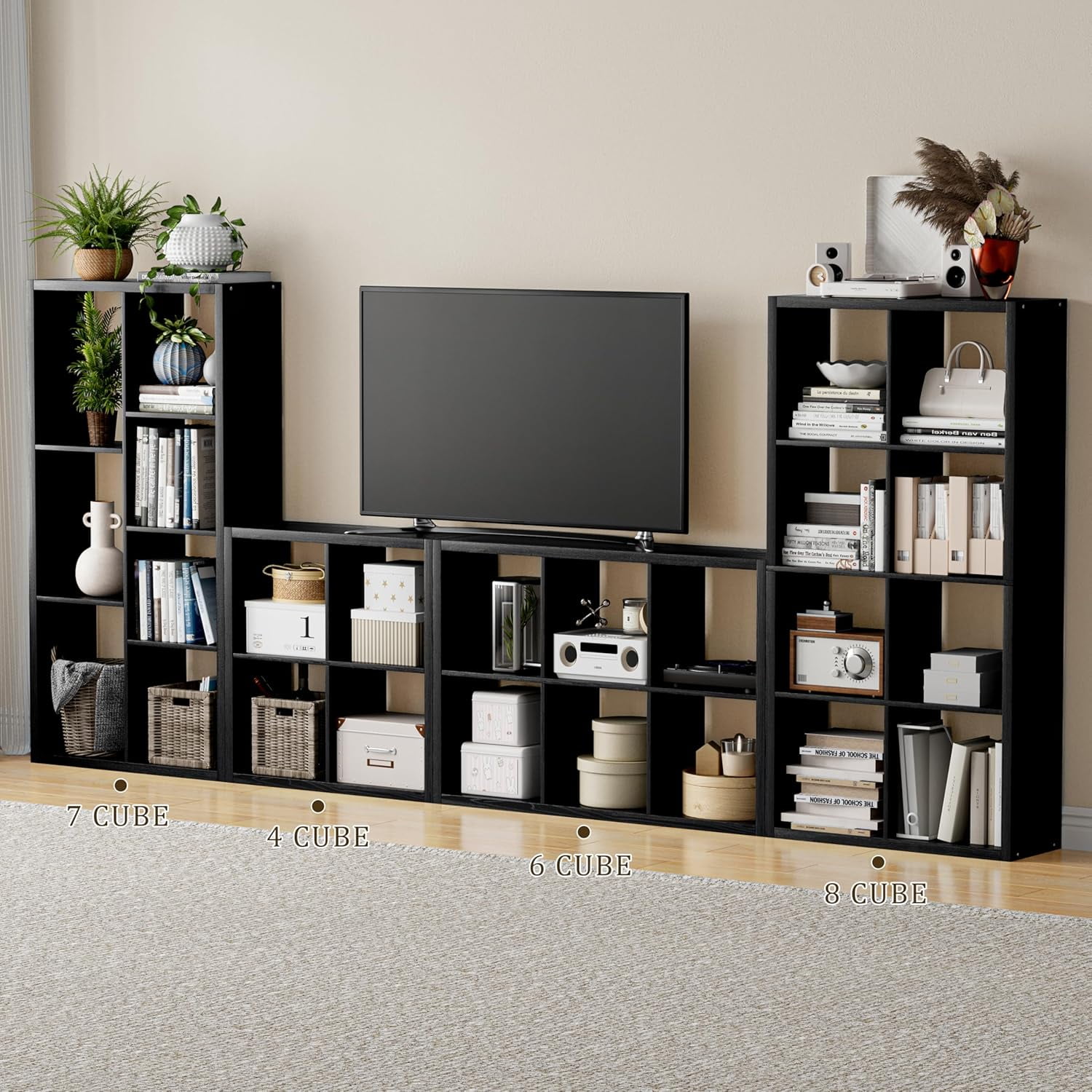 Anhdah 8 Cube Storage Organizer Bookshelf, Black Wooden Bookcase Storage Shelf, Sturdy 8-Cube Organizer for Living Room, Bedroom, Home Office, Easy Assembly