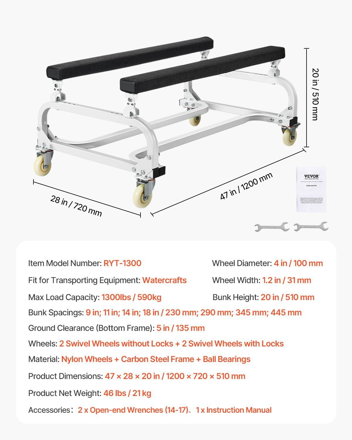 1300 lb Capacity Watercraft Dolly - Heavy Duty PWC/Jet Ski Stand & Storage Cart with Non-Slip Pads - Universal Trailer for Yamaha, Sea-Doo & Kawasaki (Boat Sold Separately)
