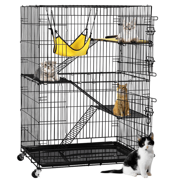 Easyfashion 4 Tiers Rolling Cat Cage Pet Cage with Hammock, Black