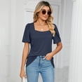 thumbnail image 3 of EFINNY Women's Square Collar Cotton Shirts Short Sleeve Solid Color T-Shirt Top Spring and Summer Blouses, 3 of 6