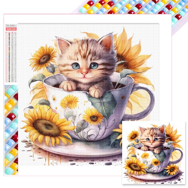 5D DIY Con Cuentas Cuadradas Girasol Gato en Del 45x35cm