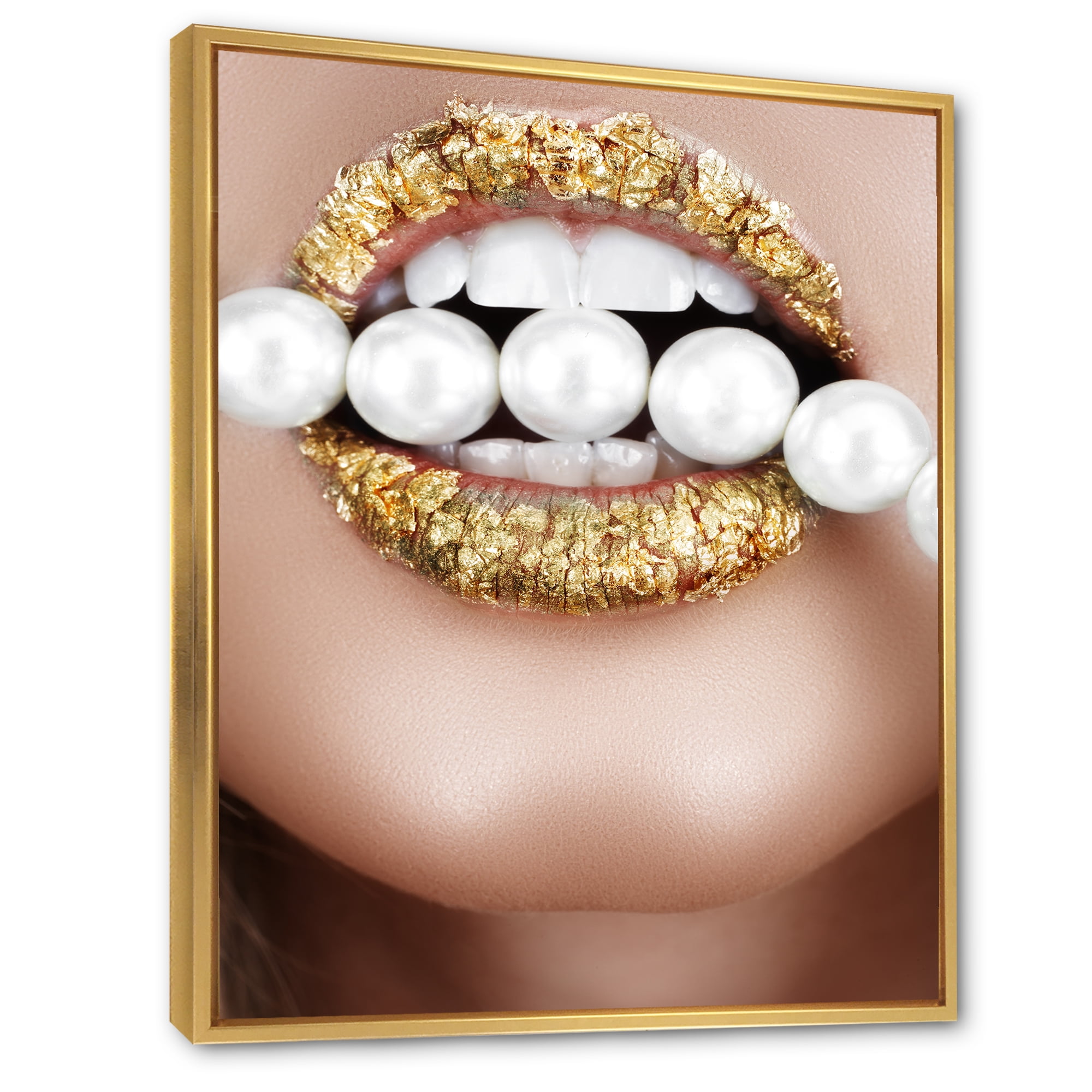 Designart 'Gold Leaf Lips Mouth With Pearls' Modern Framed Canvas Wall Art Print