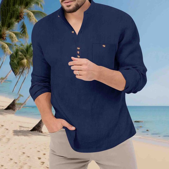 Blusa y camisa de manga larga con cuello alto para hombre, color liso, informal, a la moda, con botones, deportiva, de manga larga, con cuello alto, blusas de poliéster para hombre